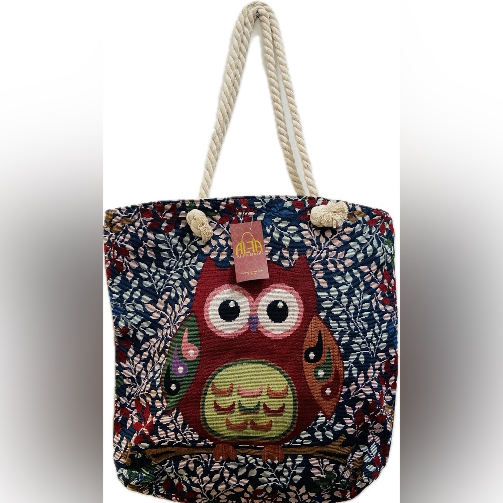 ALFA BAGS ROPE HANDLE OWL TAPESTRY LARGE TOTE BAG